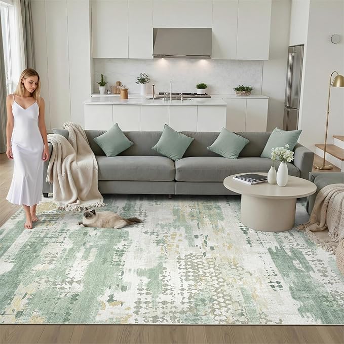 DCX Abstract Area Rug 8x10, Washable Sage Green Modern Rug - Image 4