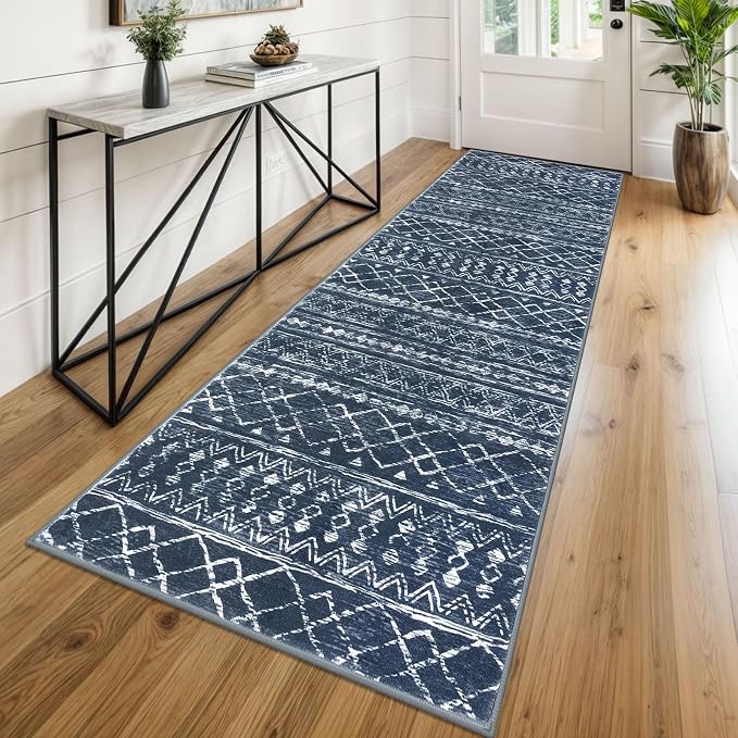 KUTA Moroccan Washable Runner Rug 2.6x8, Non-Slip Vintage Navy Blue Boho by KUTA