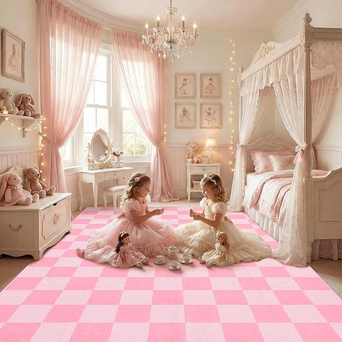 GarveeHome Checkered Blush Pink and White 5x7 Washable Rug Geometric Diamond - Image 2