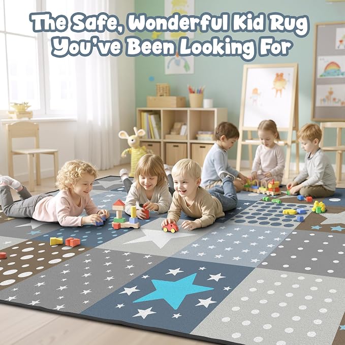 Preschool Classroom Rug 5x7, Star Print Low Pile Kids Area Rug - Image 6