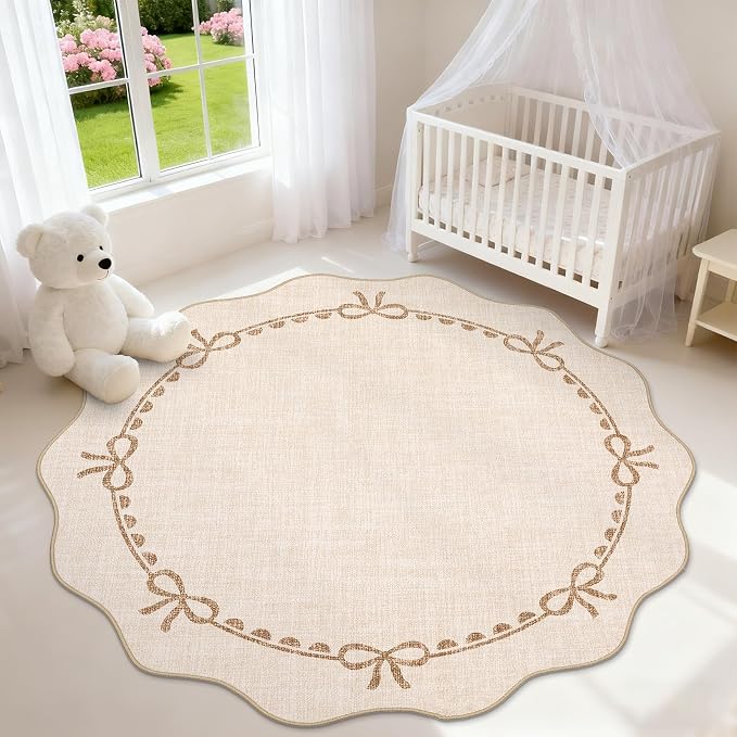 GarveeHome Scalloped Bow Rug for Living Room, 5ft Round Rugs Washable Solid by GarveeHome
