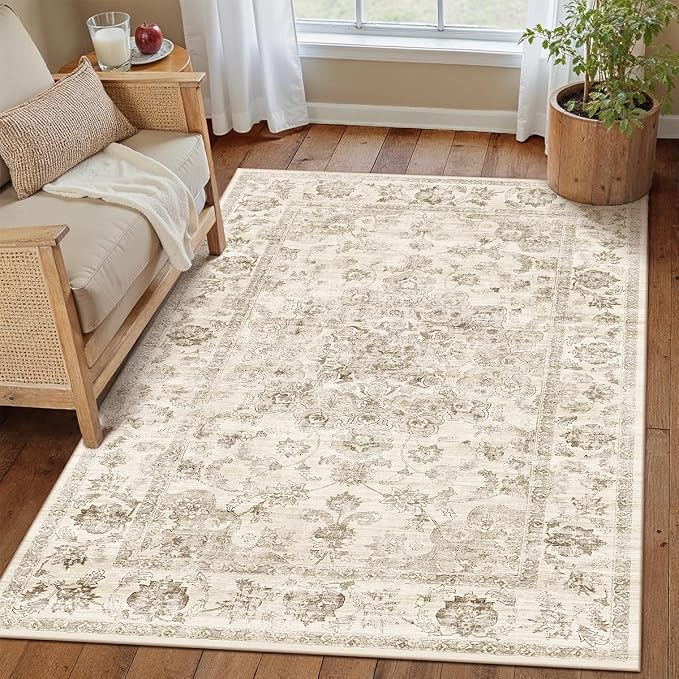 3x4 Washable Neutral Area Rug Beige Vintage Entryway Office Carpet Non-Slip by WondRg