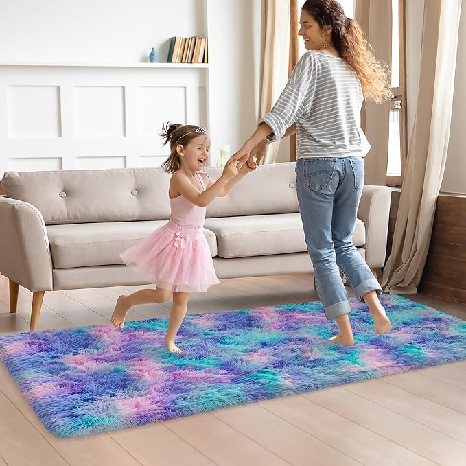 Shaggy Tie Dyed Light Blue Purple Runner Rug 2x6 ft Bedside Area Rugs - Image 4