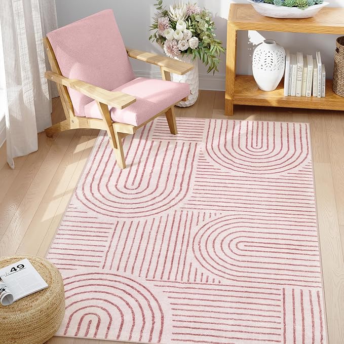 Lahome Abstract Washable Rugs, 4x6 Pink Rug by Lahome