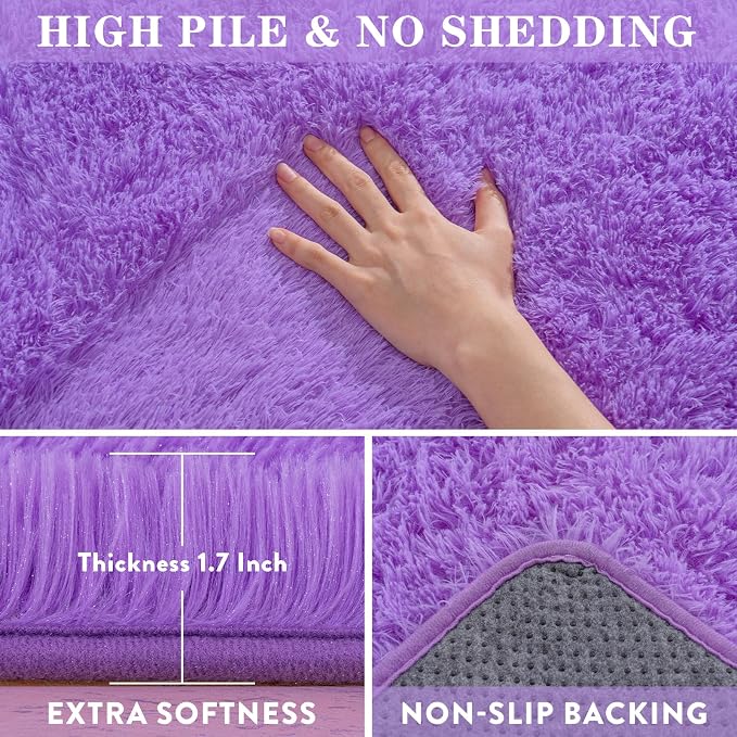 WISH TREE Purple Fluffy Shag Rug 6x9 Ft, Soft Non-Slip Plush Area Rug - Image 5