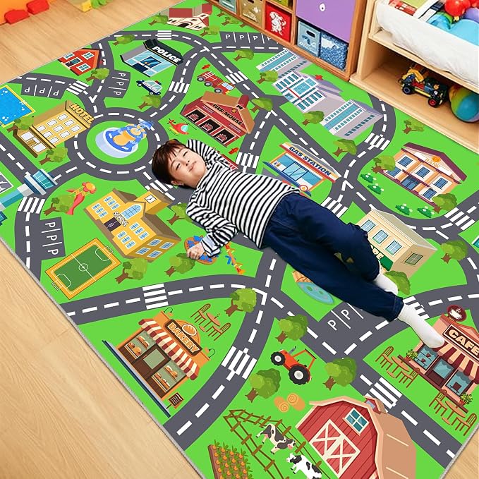 Kids Room Rug - Soft & Non-Slip 4x5 Ft Town Car Rugs City Map Play Mat - Image 6