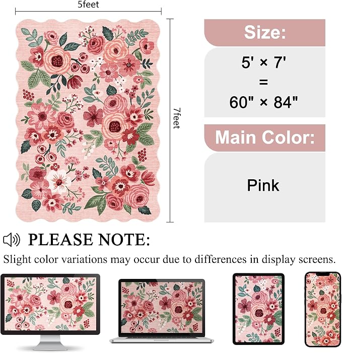 DUKINO 5x7 Area Rug, Floral Washable Rugs - Image 2