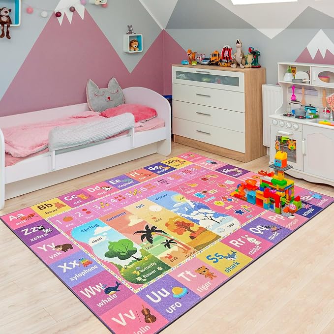 Macgace ABC Kids Rug for Playroom, 4x6 Pink Purple Washable Classroom Area Rugs - Image 3