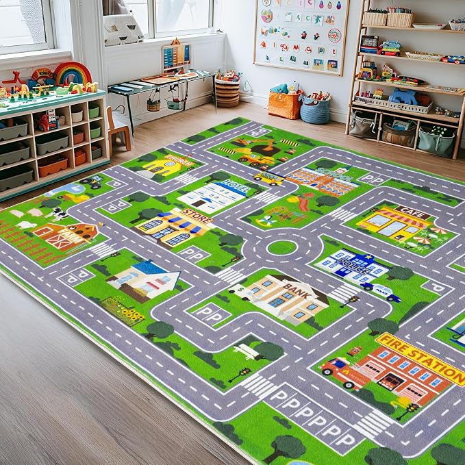 Car Rug Play Mat for Kids Toy Cars, City Road Traffic Playmat for Kid Bedroom by PlumlikHomeDecor