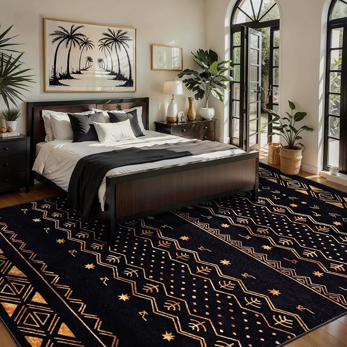 SERISSA 5x7 Area Rugs for Living Room, Washable Non-Slip Black and Gold Boho Rug - Image 2