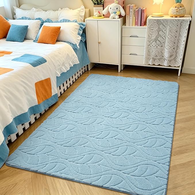 4x6 Blue Washable Area Rug for Bedroom, Leaf Geometric Patter Shag Non-Slip - Image 2