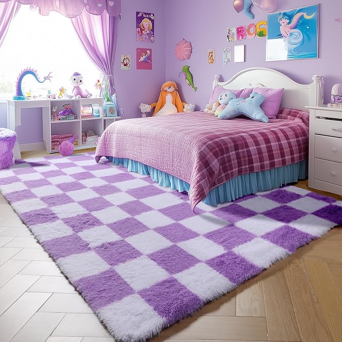 KICMOR Purple Rugs for Living Room Bedroom, Fluffy Soft Checkered 5x8 Area Rug - Image 3