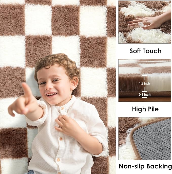 KICMOR Living Room Rug 5x8 Brown and Cream White, Large Fluffy Shag Fuzzy - Image 2