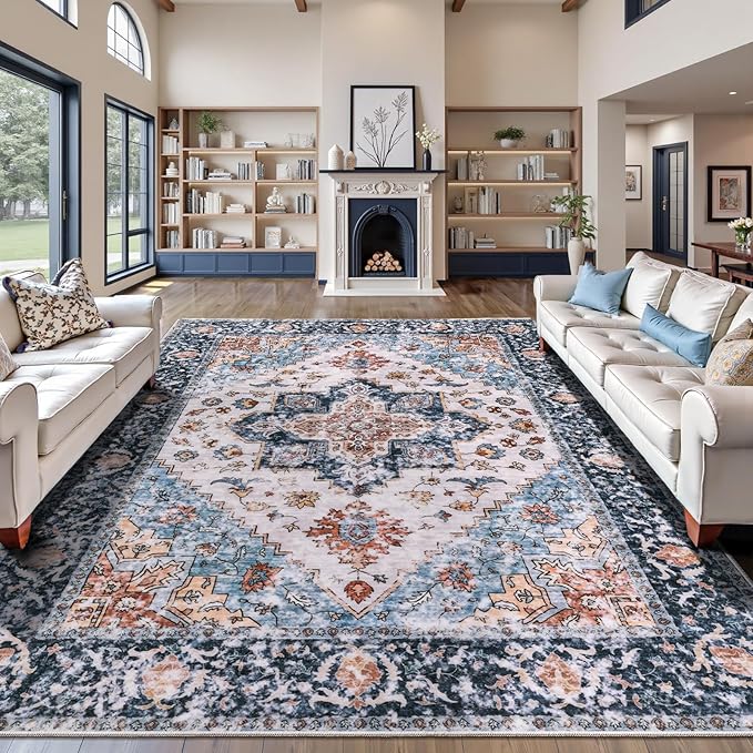 SERISSA Washable Rugs 9x12 Area Rugs, Large Non-Slip Blue Orange Living Room Rug by SERISSAHomeDecorCollection