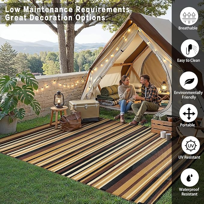 Outdoor Plastic Straw Rug Waterproof Patio 9x12 Brown Black Stripe Mat - Image 3
