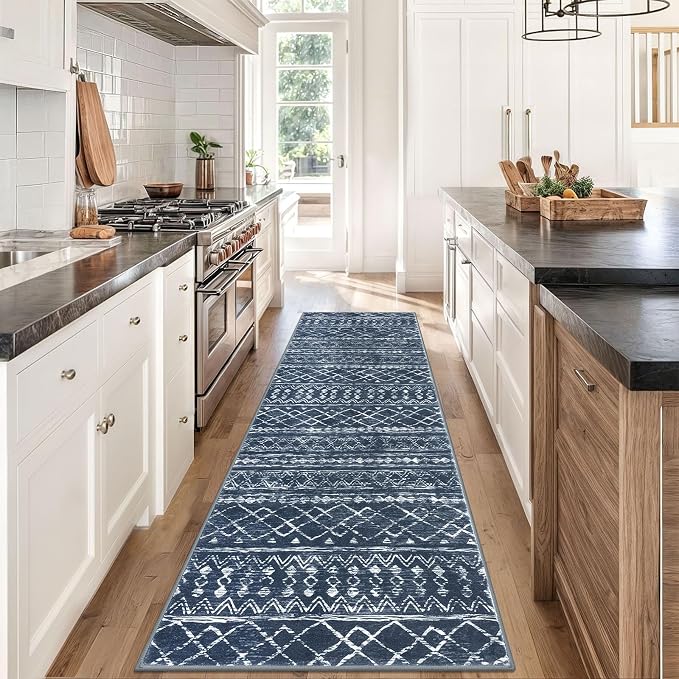KUTA Moroccan Washable Runner Rug 2.6x8, Non-Slip Vintage Navy Blue Boho - Image 2