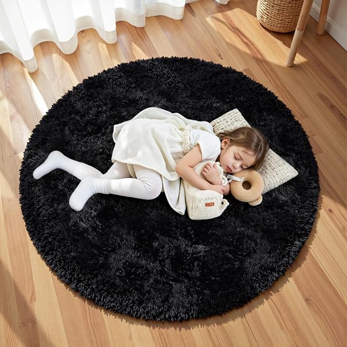 Black Round Fluffy Rug 5ft Plush Fuzzy Shaggy Carpet, Soft Rugs - Image 5