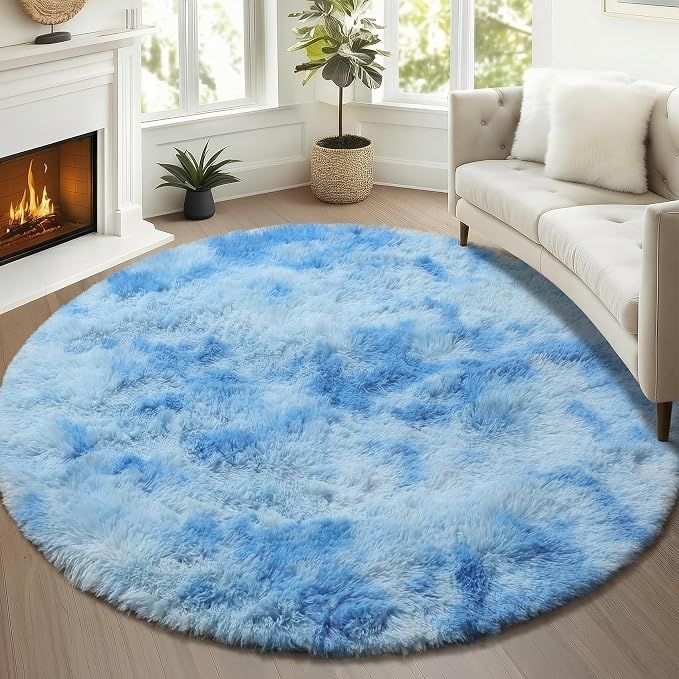 ONASAR Tie-Dye Blue Round Area Rug 4ft, Soft Bedroom Circle Rugs Floor Mats - Image 4