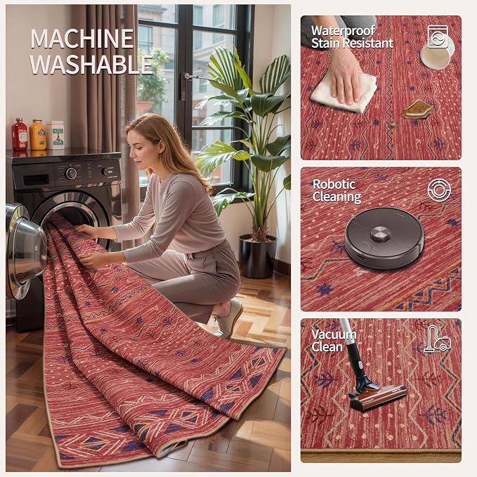 SERISSA Hallway Runner Rug, 2x10 Washable Non-Slip Red Ochre Runners - Image 3