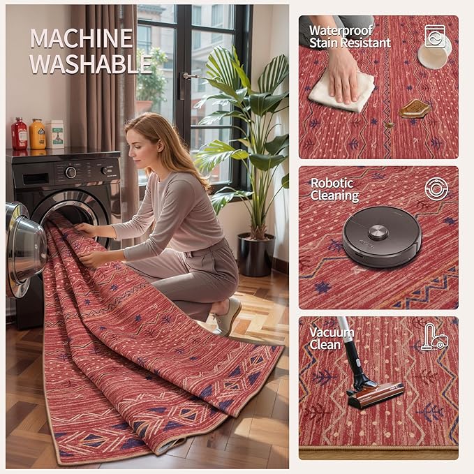 SERISSA 9x12 Area Rugs for Living Room, Washable Non-Slip Red 0chre Boho Rug - Image 3