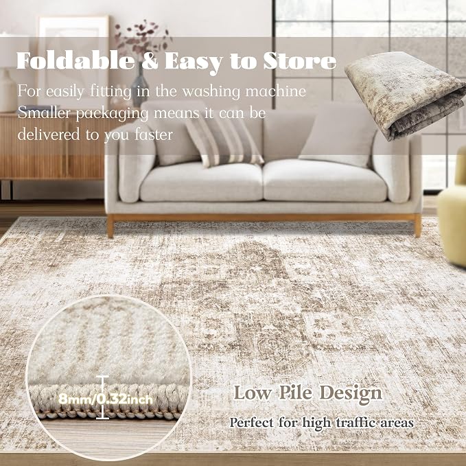 Area Rug 8x10 Washable Rug, Vintage Boho Medallion Rugs Non-Slip Soft Low Pile - Image 7