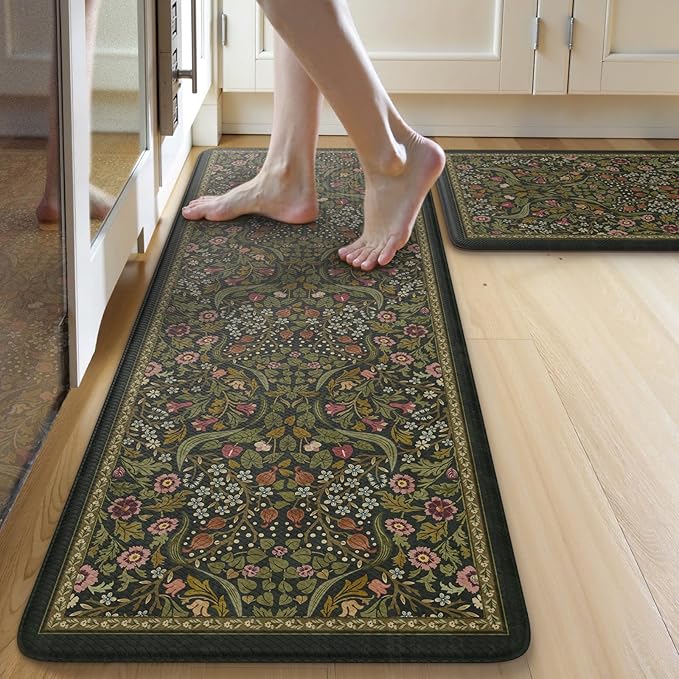 Collive Anti Fatigue Kitchen Mats, Spring Green Floral Kitchen Rugs Sets of 2 by Collive