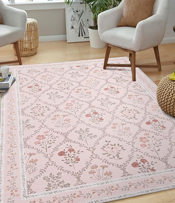 YIHOUSE Pink Floral Print Rugs, Moroccan Trellis 10x14 Washable Large Rug - Image 2