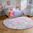 Amdrebio Rainbow Fluffy Round Rug 4Ft Kids Rugs - Image 2