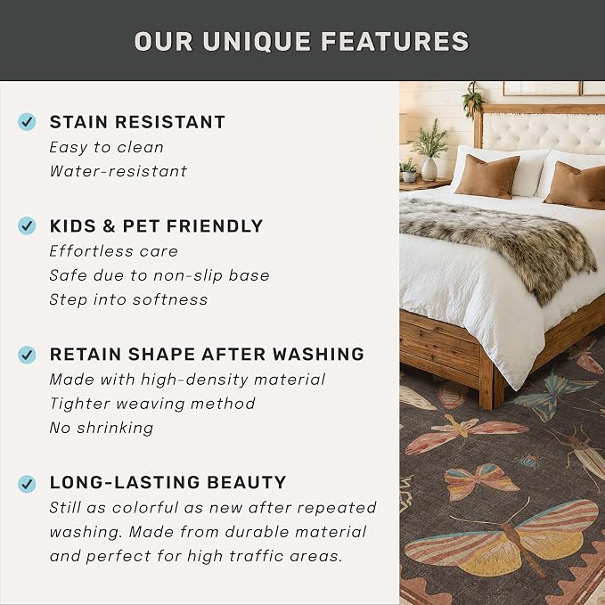 Washable Brown Farmhouse Rug 7x9, Low Pile Area Carpet - Image 7