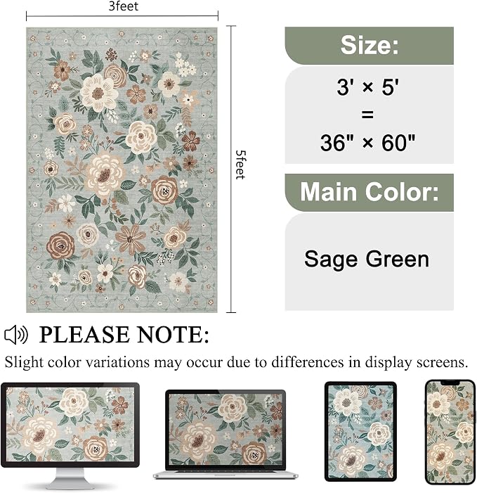DUKINO 3x5 Area Rug, Floral Rugs - Image 2