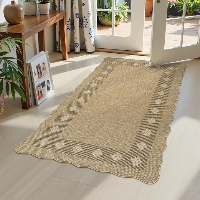 LIVEBOX Scalloped Easy Jute Diamond 3x5 Outdoor Rug, Washable Non-Slip Tan Rugs by LIVEBOX