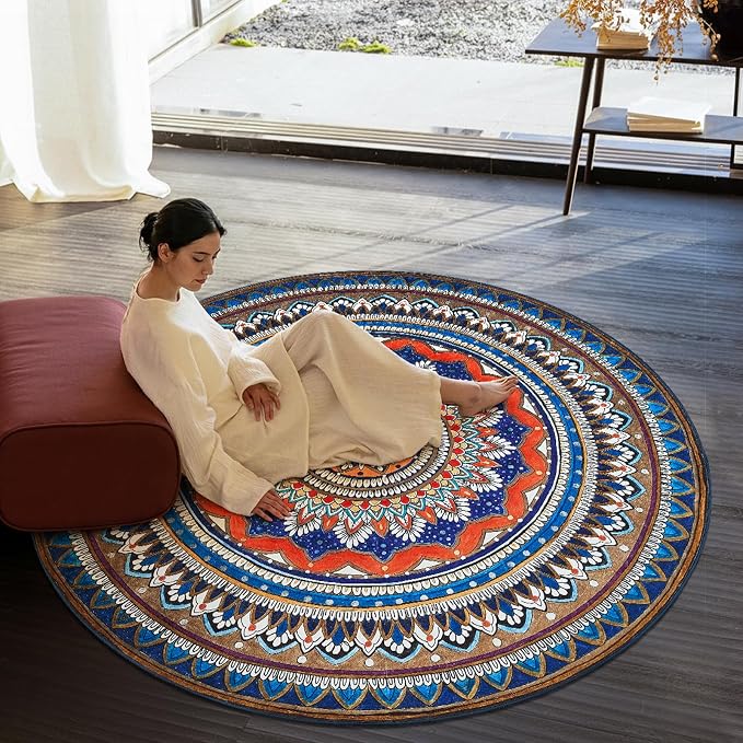 jinchan Mandala Round Rug 6ft Blue Rustic Boho Washable Rug Tribal 6' Round - Image 8