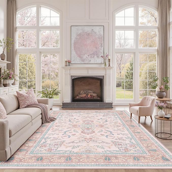 DCX 8x10 Pink Vintage Floral Rug, Machine Washable Non Slip Low Pile Carpet - Image 9
