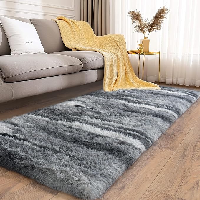Soft Runner Rugs for Bedroom Hallways, 2x6 Abstract Grey Fluffy Shag Throw Area - Image 2