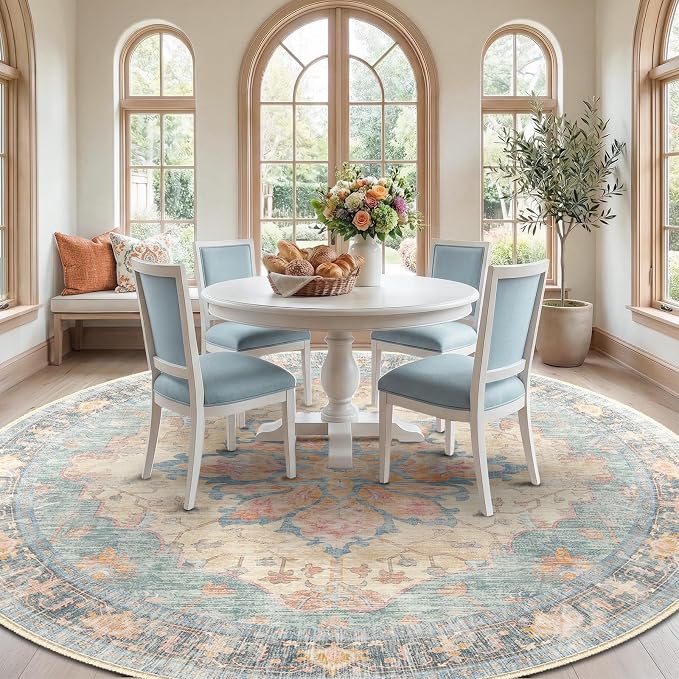 RELEANY Area Rugs Round 10ft Washable Non-Slip, Floral Vintage Distress - Image 3