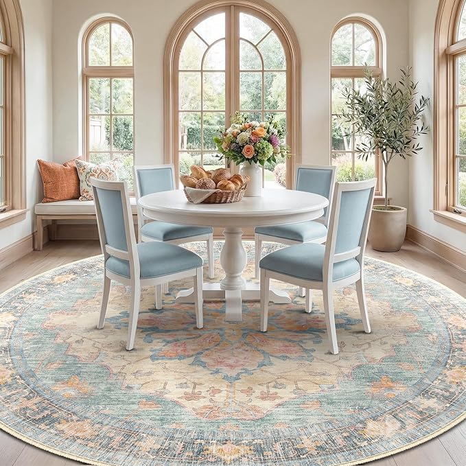 RELEANY Area Rugs Round 8ft Washable Non-Slip, Floral Vintage Distress - Image 2