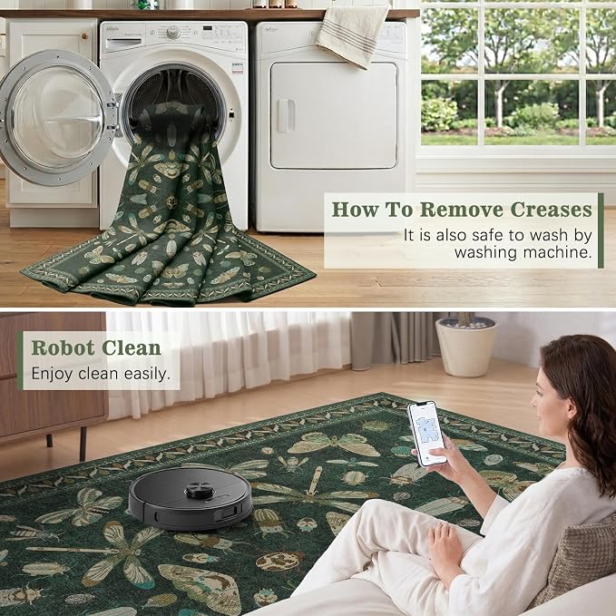 DCX 8x10 Washable Insect Rug, Vintage Gothic Dark Green Rug - Image 5
