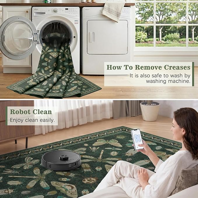 DCX 6x9 Washable Insect Rug, Vintage Gothic Dark Green Rug - Image 5