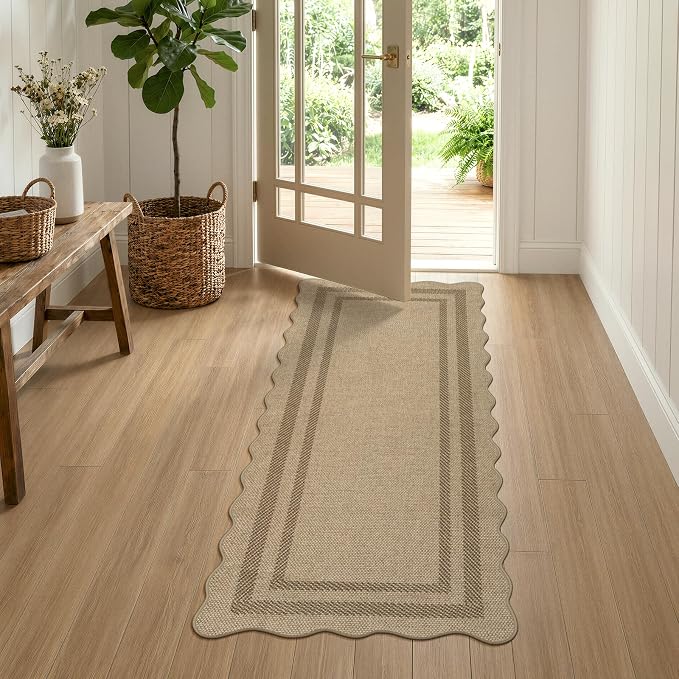 LIVEBOX Scalloped Easy Jute 2x5 Runner Kitchen Rug, Washable Non Slip Tan Rugs by LIVEBOX