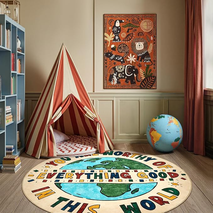 jinchan 5ft Round Rug Washable Fun Rug You are Worthy Playroom Mat Non Slip - Image 3
