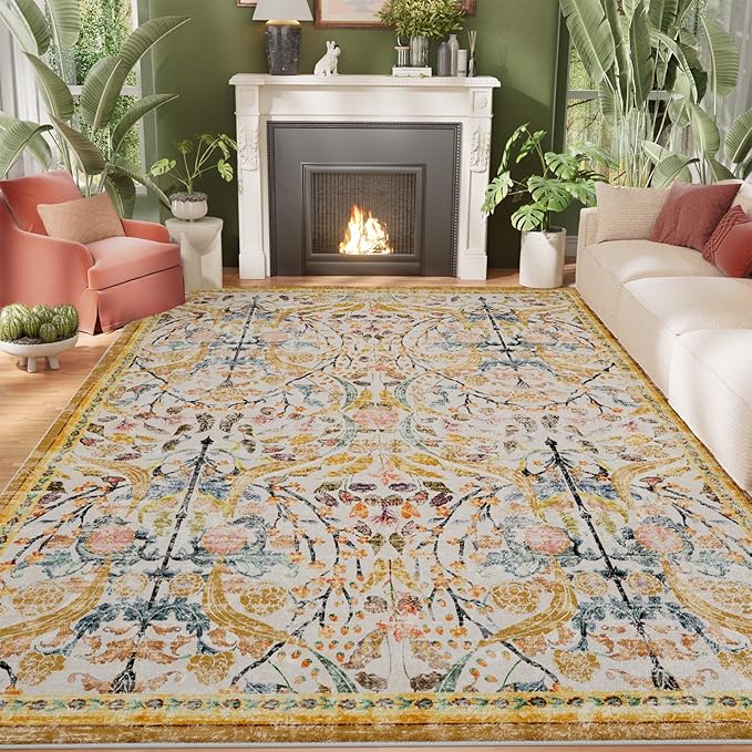 AMTOVO 5x7 Washable Area Rugs for Bedroom, Vintage Boho Floral Distressed Print - Image 4