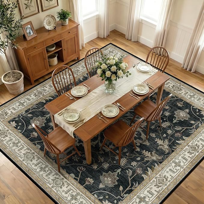 RELEANY Area Rugs Square 10ft Washable Non-Slip, Floral Vintage Distress by RELEANY
