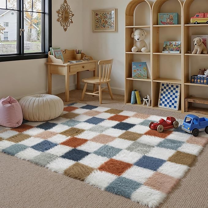 PureCozy Checkered Rug 3x5 for Living Room, Modern Rainbow Shag Rug Super Soft by PureCozy