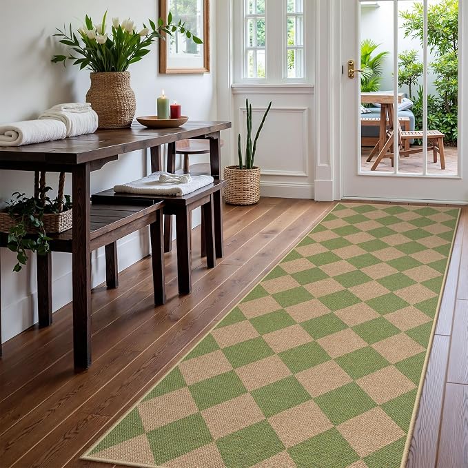 Lahome Colette Checkered Green Runner Rug, 2x8 Carpet Runners - Image 3