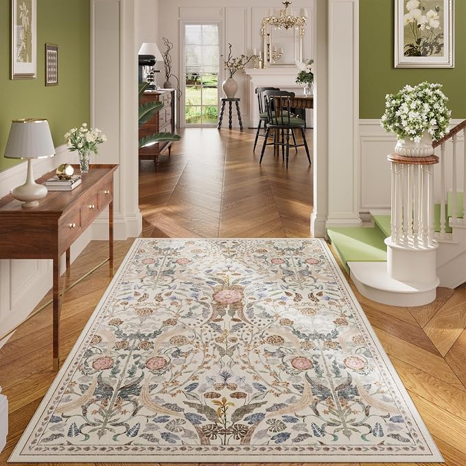 AMTOVO 5x7 Washable Area Rugs for Living Room, Vintage Boho Floral Distressed - Image 2