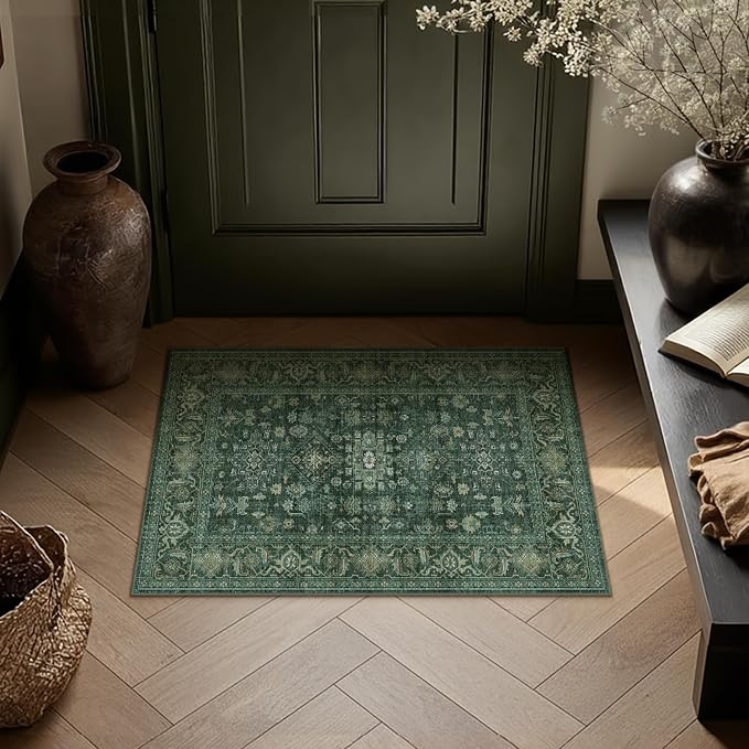 Kitchen Rug Set of 3 Washable Green Vintage Kitchen Mats - Image 2