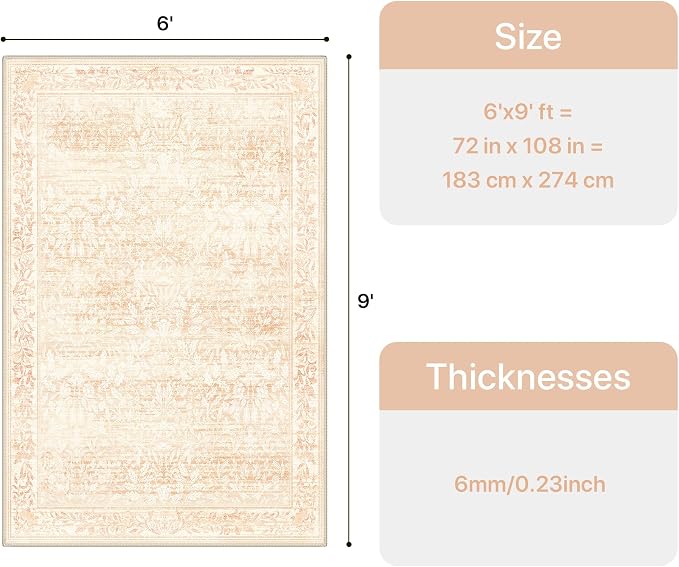 GENIMO 6x9 Washable Area Rug, Non-Slip Vintage Boho Floral Carpet, Soft - Image 2