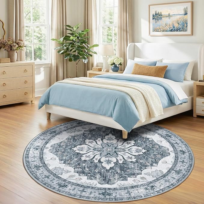 RELEANY Area Rugs Round 7ft Washable Non-Slip, Floral Vintage Distress - Image 2