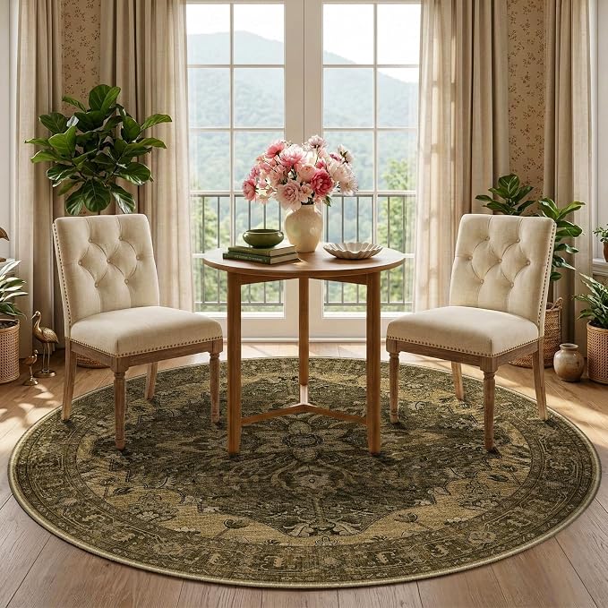 RELEANY Area Rugs Round 5ft Washable Non-Slip, Floral Vintage Distress - Image 2