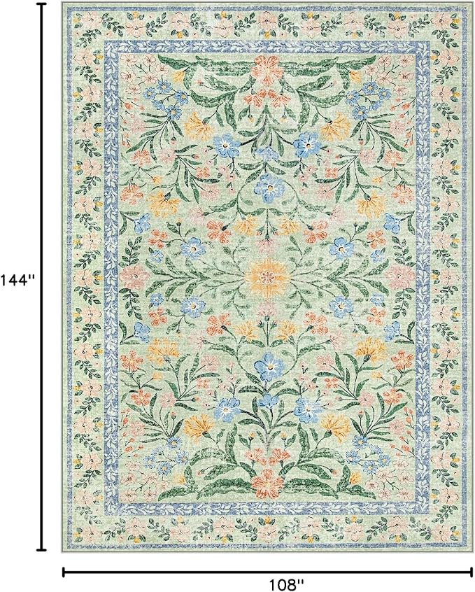 Wonnitar Machine Washable Area Rugs 9x12, Soft Sage Green Floral Rug - Image 2